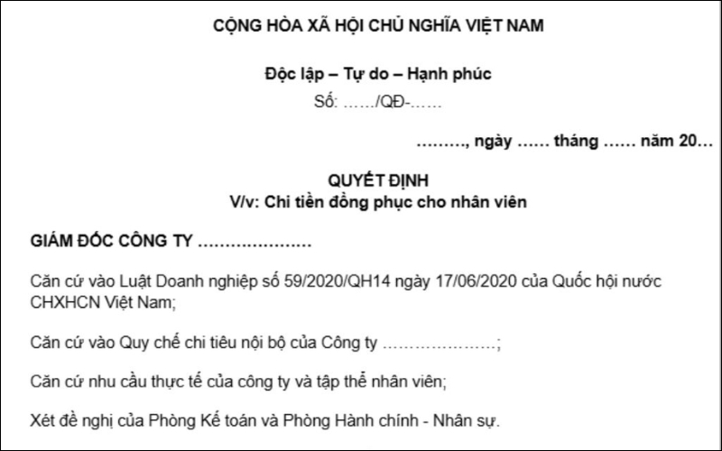 Phần mở đầu của mẫu quyết định chi tiền đồng phục cho nhân viên