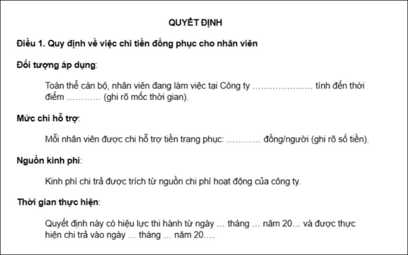 Điều 1 về quy định về việc chi tiền đồng phục cho nhân viên