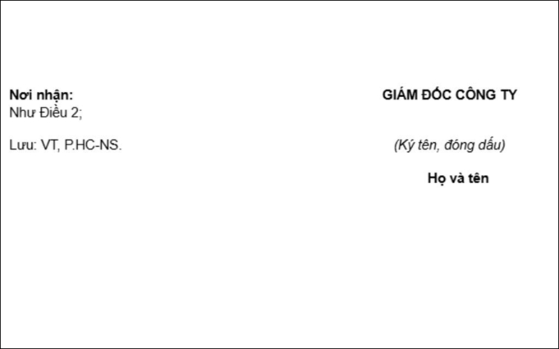 Phần kết của quyết định chứa chữ ký của Ban Giám đốc
