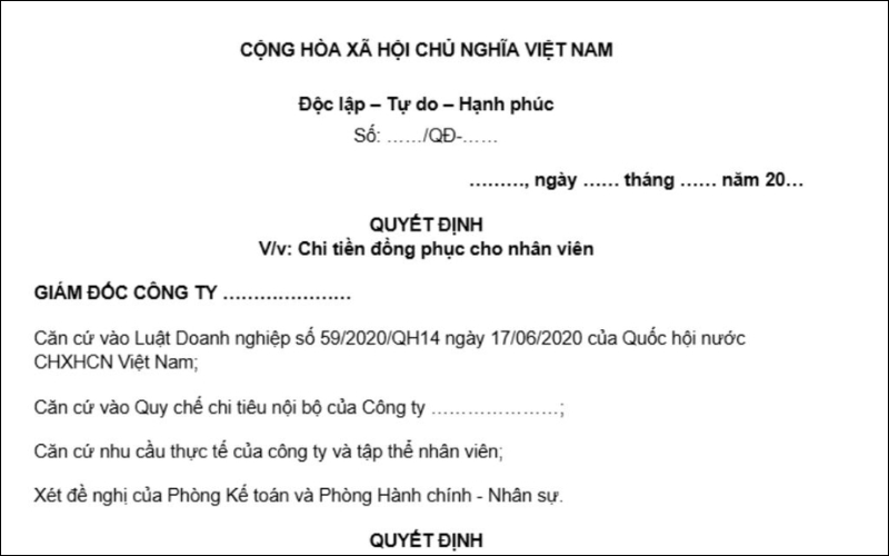 Mẫu quyết định chi tiền đồng phục cho nhân viên là văn bản chính thức
