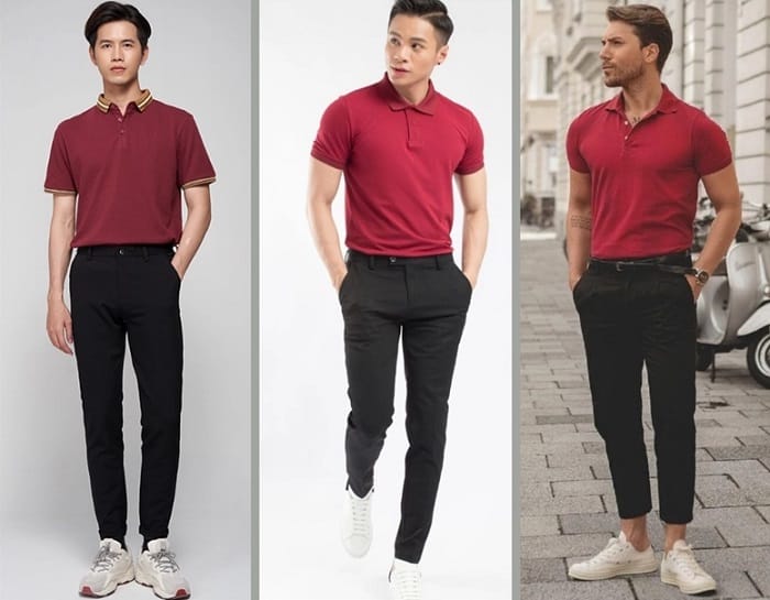 Phối quần tây với áo Polo đỏ đô tay ngắn