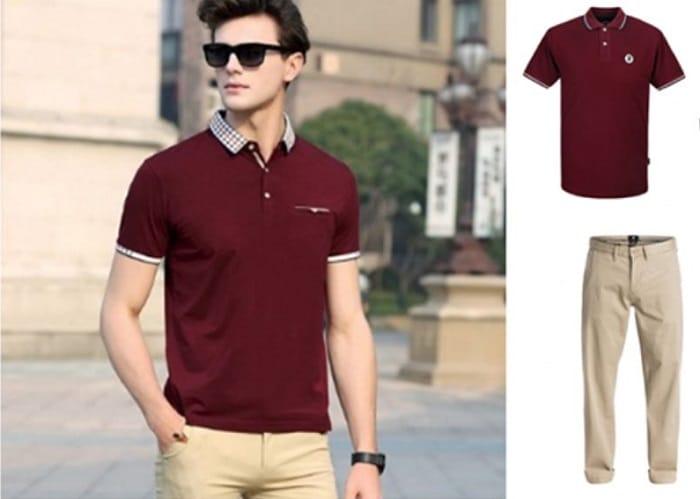 Phối quần kaki với áo Polo đỏ đô tay ngắn