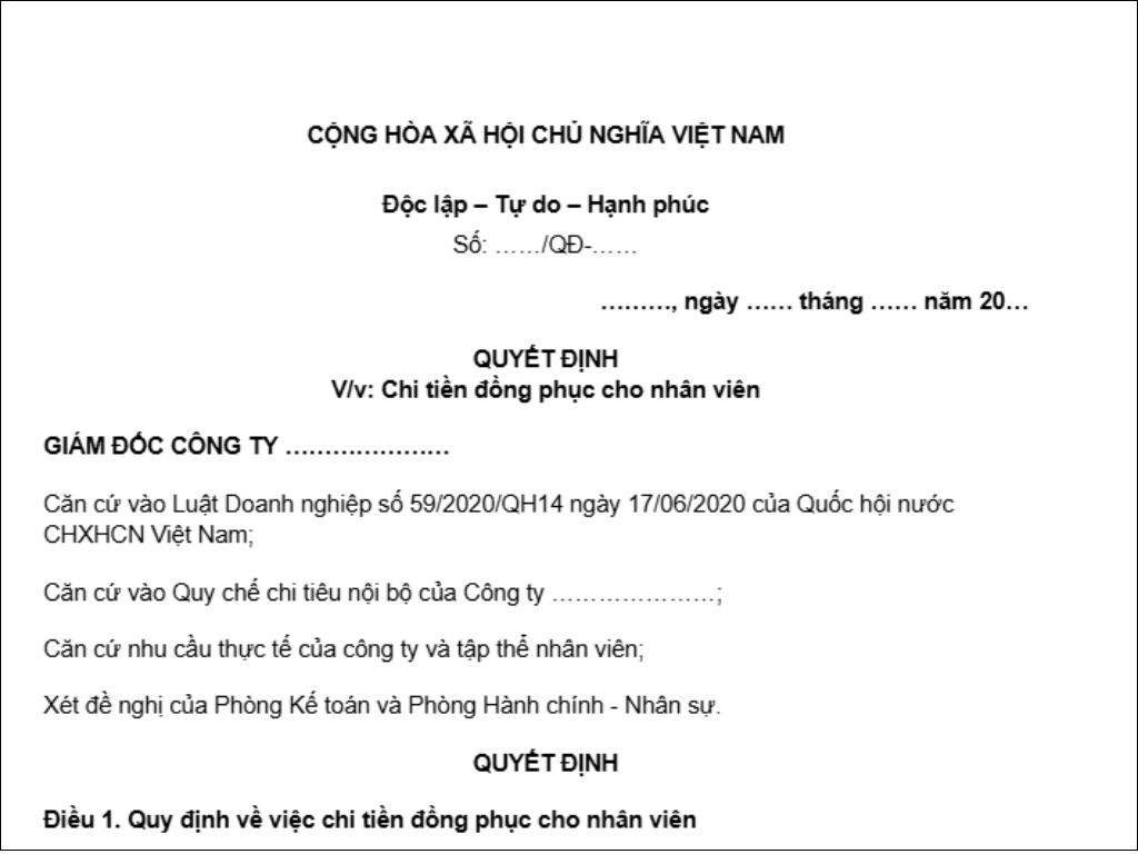 Mẫu quyết định chi tiền đồng phục cho nhân viên là văn bản chính thức