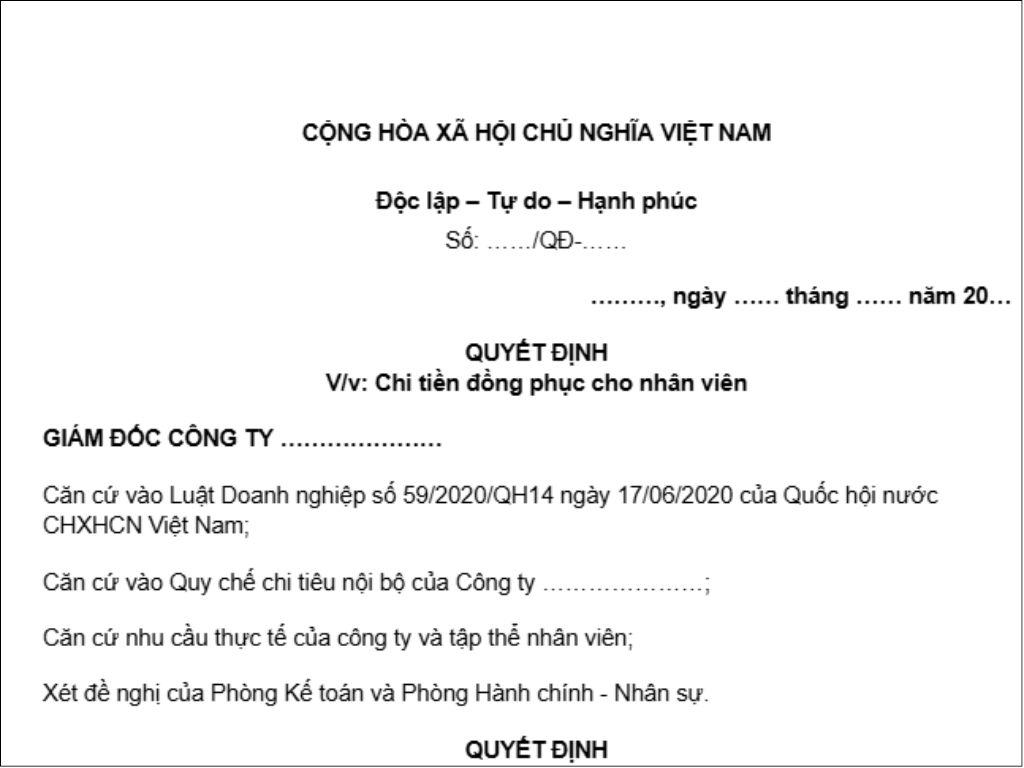 Phần mở đầu của mẫu quyết định chi tiền đồng phục cho nhân viên