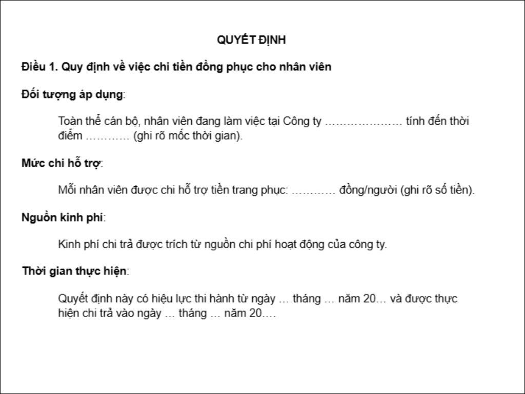 Điều 1 về quy định về việc chi tiền đồng phục cho nhân viên
