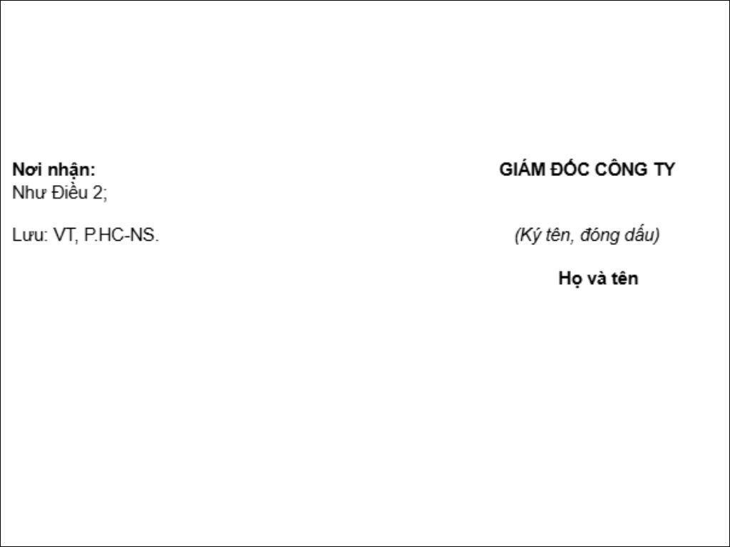 Phần kết của quyết định chứa chữ ký của Ban Giám đốc