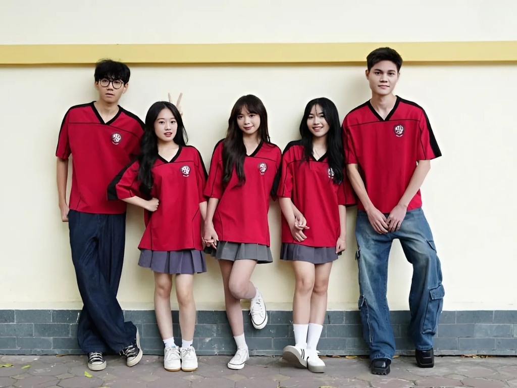 Áo màu đỏ đô cổ chữ V mang đến sự cân bằng giữa nét hiện đại và tinh tế