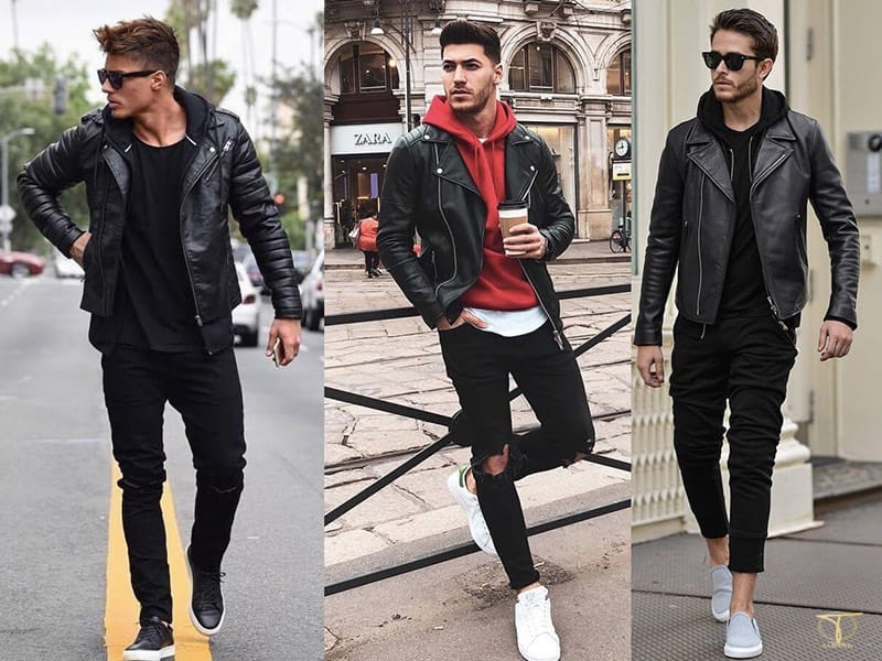Phối áo khoác da với quần jeans