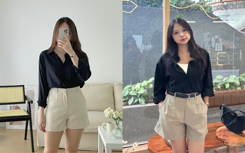 Áo sơ mi đen nữ mặc với quần short mang phong cách trẻ trung và năng động