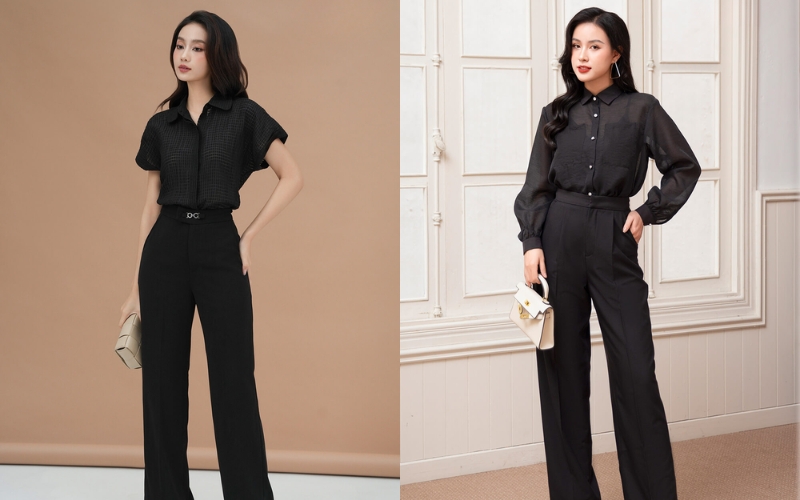 Áo sơ mi đen nữ mặc với quần ống suông mang lại vẻ ngoài gọn gàng và tinh tế