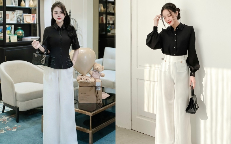 Áo sơ mi đen nữ mặc với quần màu trắng tạo nên tổng thể tương phản hài hòa