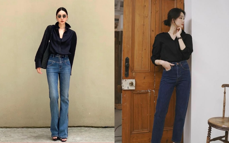 Áo sơ mi đen nữ mặc với quần jeans mang lại phong cách năng động