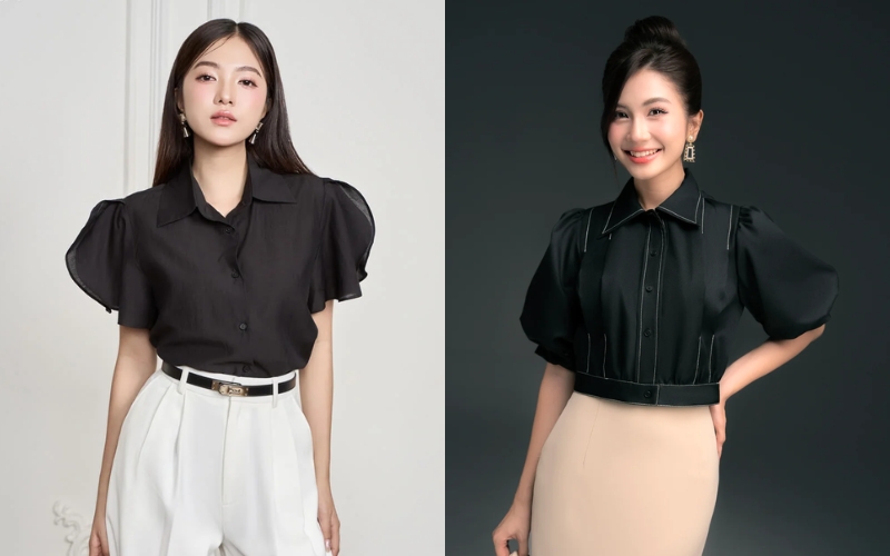 Áo sơ mi đen tay bồng tạo nên vẻ ngoài nữ tính và thời thượng