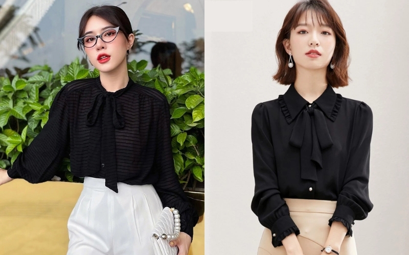 Áo sơ mi cổ nơ màu đen giúp tạo điểm nhấn tinh tế mà vẫn thanh lịch