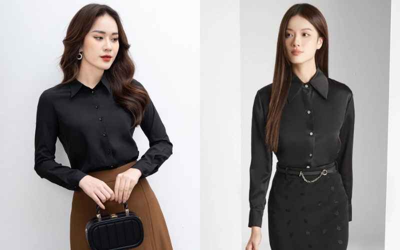 Áo sơ mi cổ đức màu đen là là kiểu thiết kế kinh điển cho chị em công sở