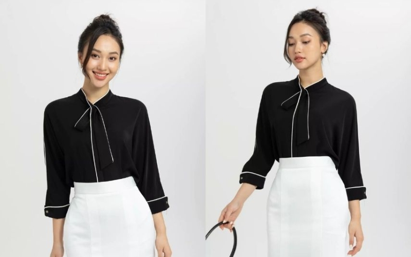Áo sơ mi đen nữ kiểu có thiết kế với các chi tiết cách điệu