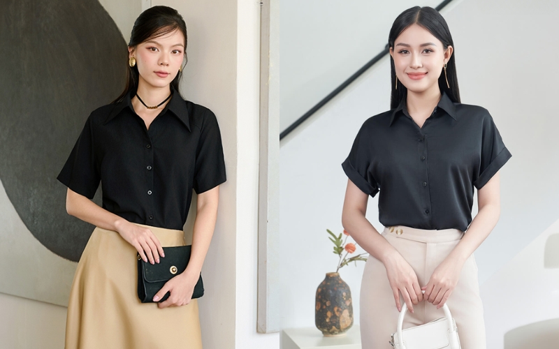 Áo sơ mi đen nữ tay ngắn