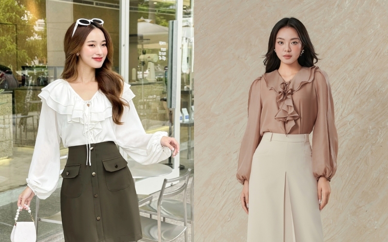 Áo sơ mi nữ kiểu Hàn Quốc cổ bèo tạo vẻ ngoài vừa sang trọng vừa mềm mại cho các nàng
