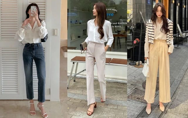 Phối áo sơ mi trắng nữ với quần dài