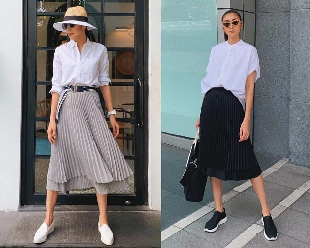 Phối áo sơ mi trắng nữ với chân váy