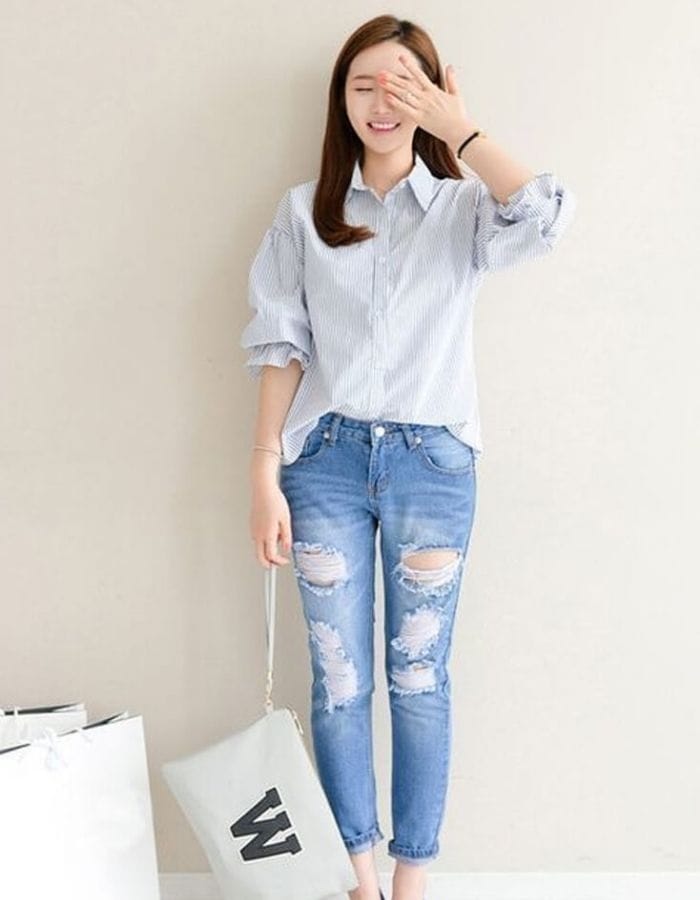 Phối áo sơ mi nữ đẹp cùng quần jeans