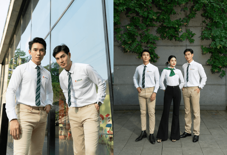 Áo sơ mi đồng phục phối quần tây tạo vẻ ngoài lịch lãm