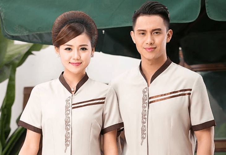 Áo đồng phục spa cổ trụ kín đáo, chuyên nghiệp