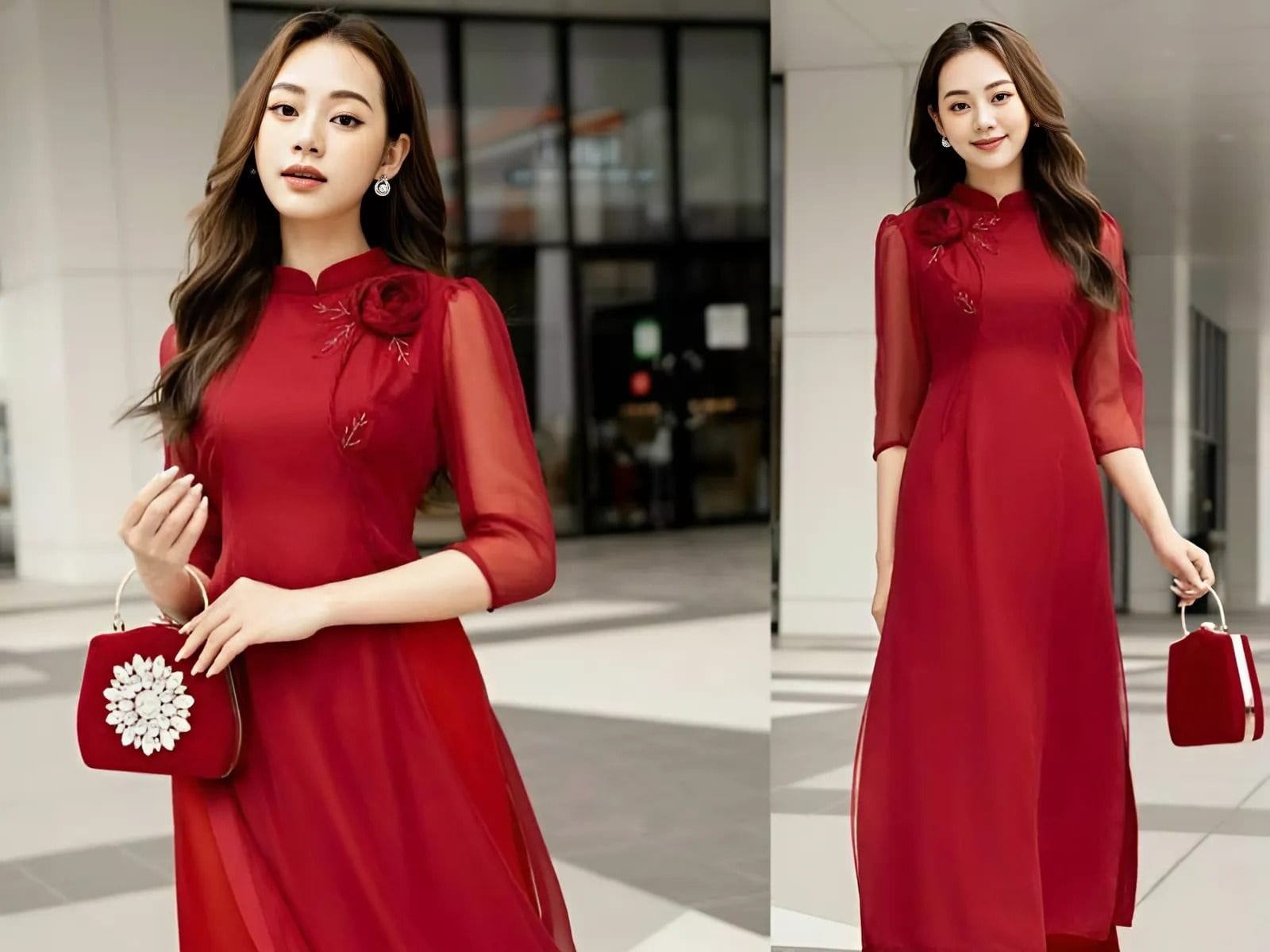 Áo dài ngày Tết chất liệu voan thướt tha, duyên dáng