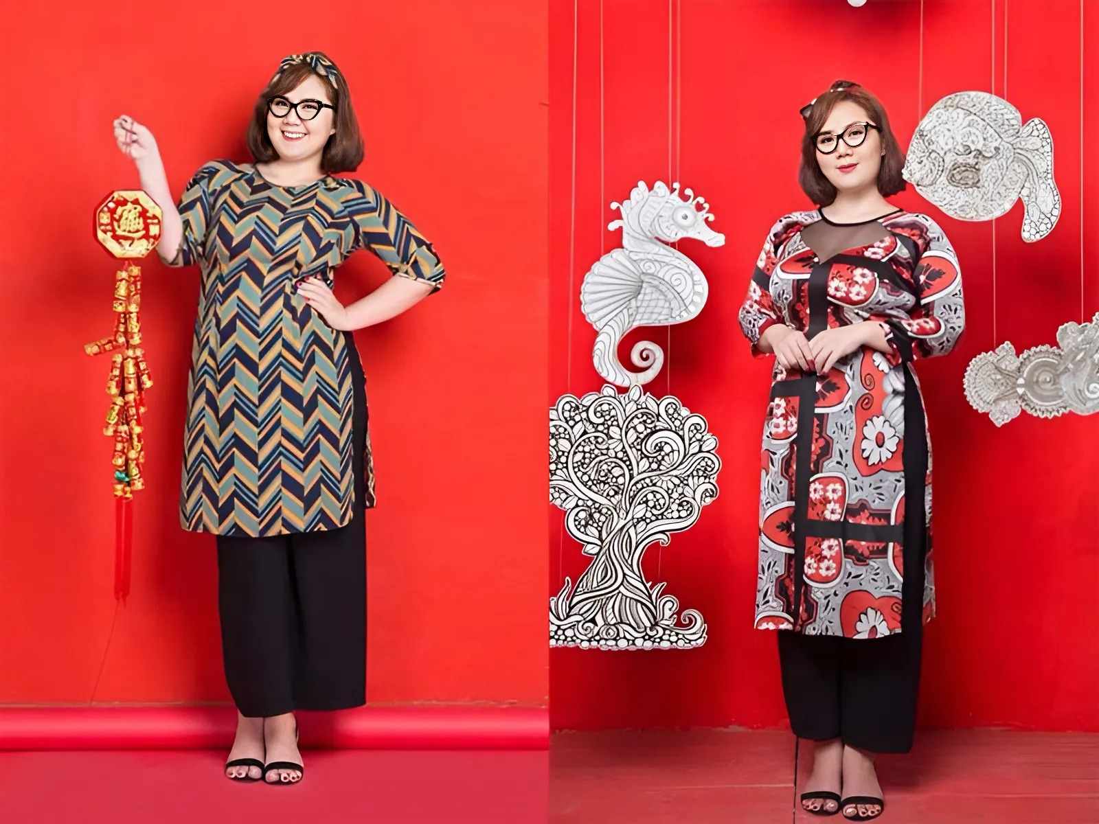 Các cô nàng mũm mĩm nên chọn áo dài ngày Tết cách tân nhiều họa tiết