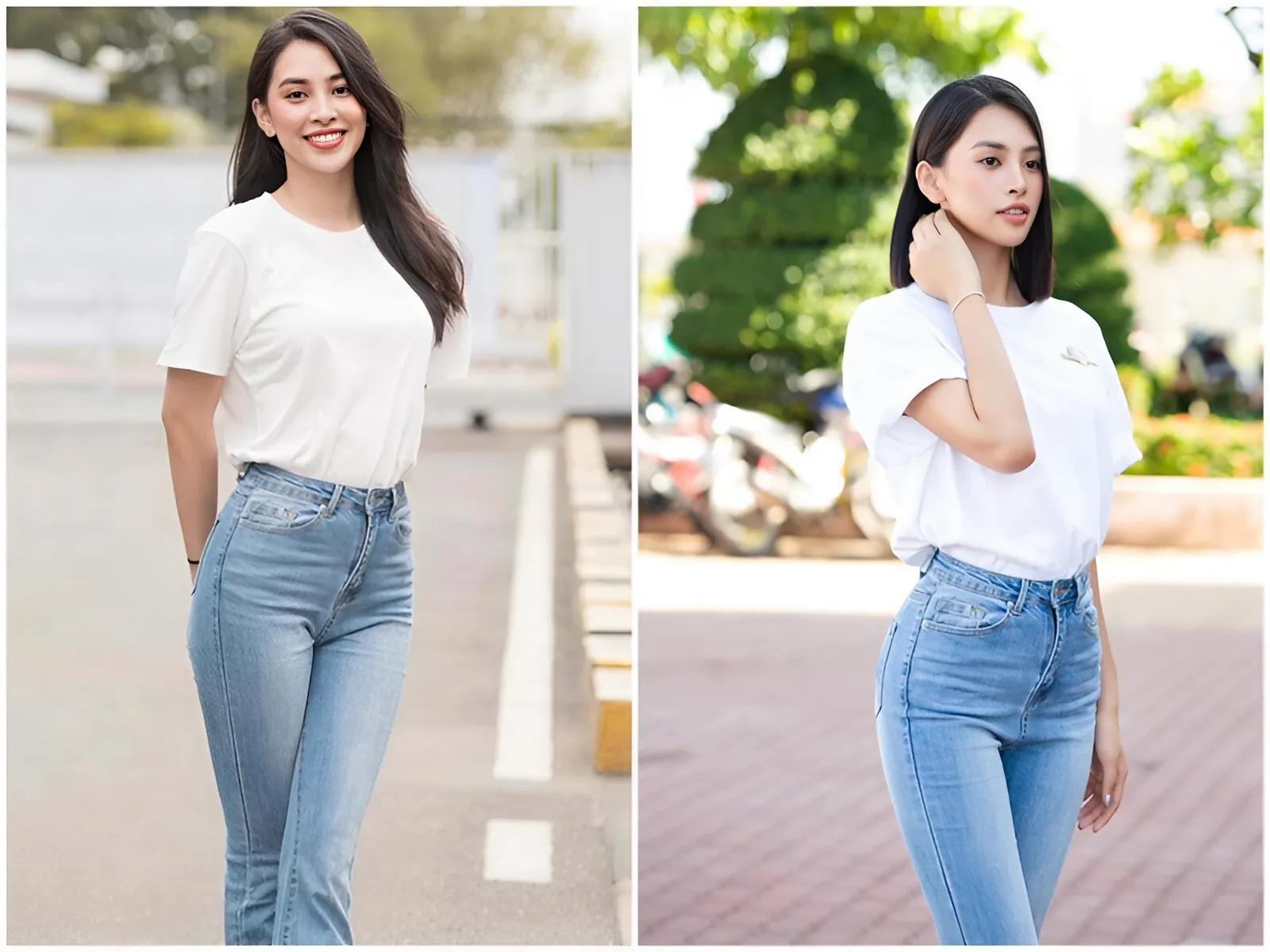 Áo thun cổ tròn phối quần jeans đơn giản