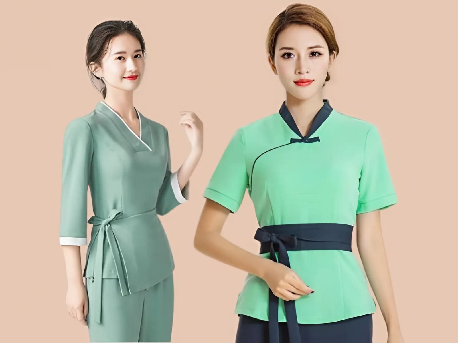 Áo đồng phục spa cổ chữ V là lựa chọn phổ biến