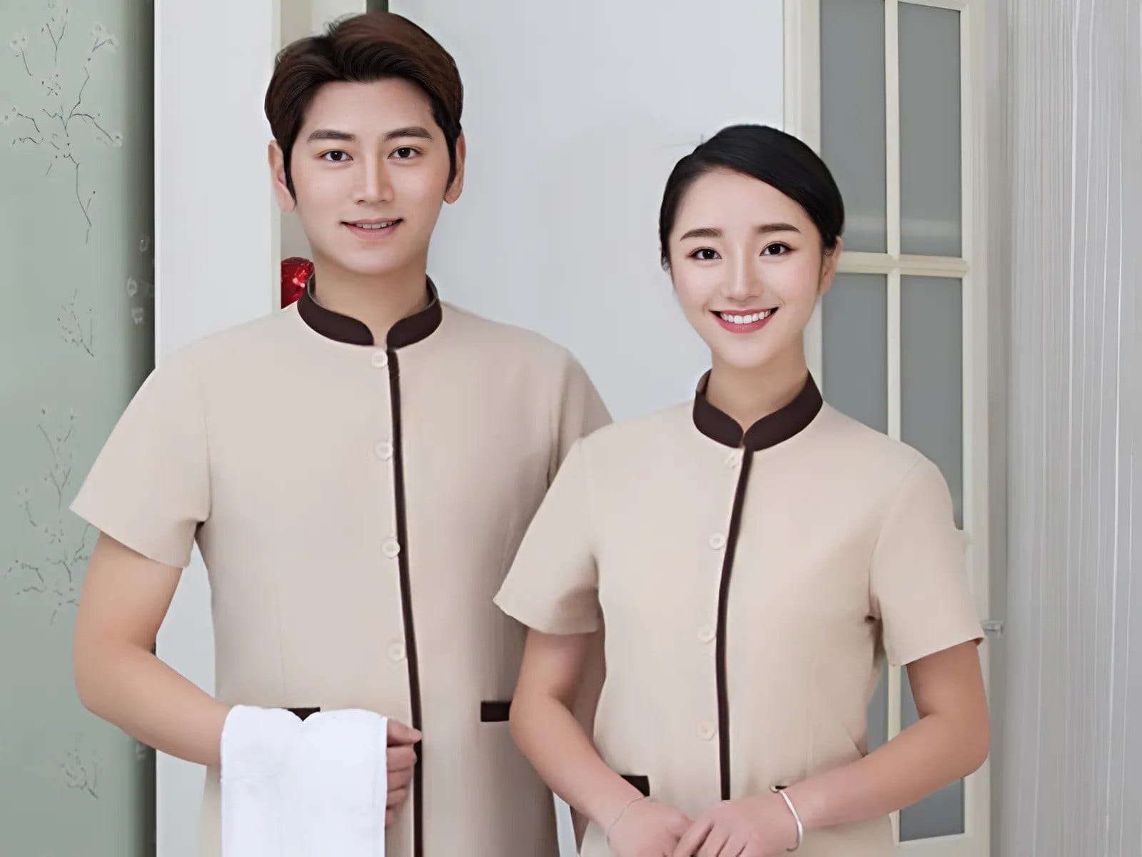 Áo đồng phục spa cổ trụ trang trọng