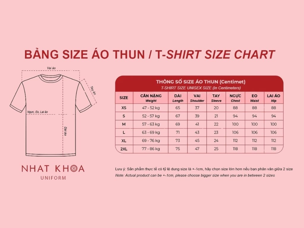 Bảng size áo thun cổ tròn của nhà Nhất Khoa Uniform