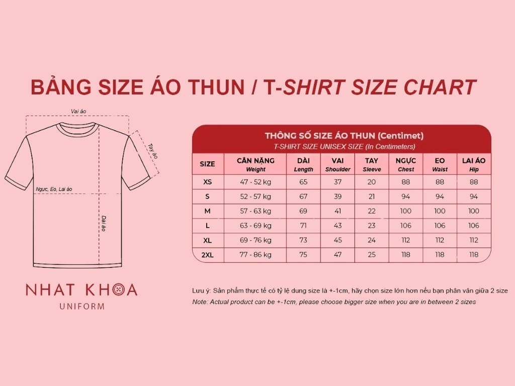 Bảng size áo thun cổ tròn tại Nhất Khoa Uniform