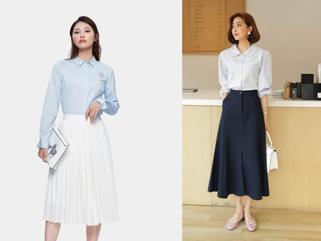 Áo sơ mi kết hợp chân váy hoặc quần tây mang lại sự thanh lịch
