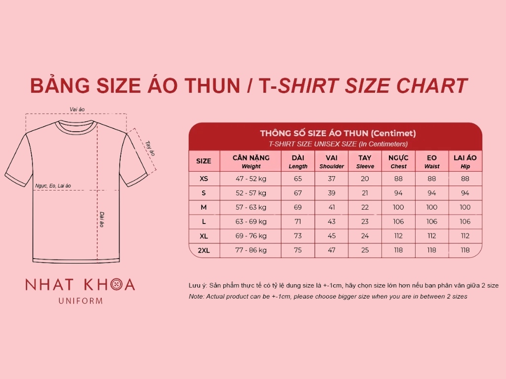 Bảng size áo thun cổ tròn chuẩn của Nhất Khoa