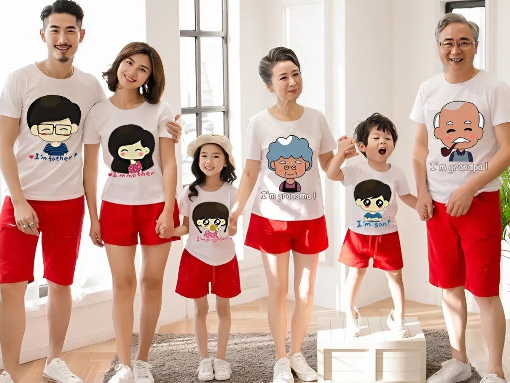 Áo nhóm gia đình in hình vẽ chibi mang phong cách đáng yêu 