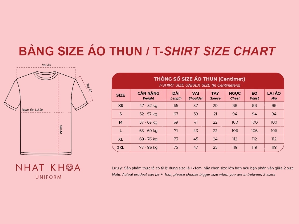 Bảng size áo chi tiết khi làm áo nhóm tại Nhất Khoa Uniform