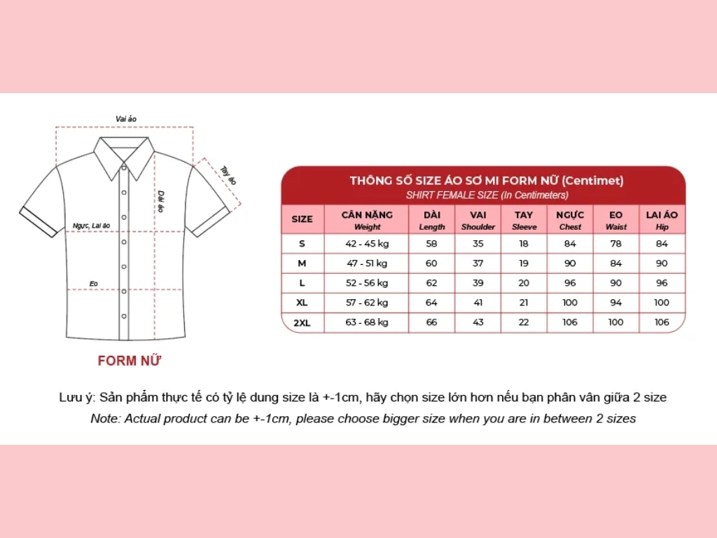 Bảng size áo sơ mi form nữ tại Nhất Khoa Uniform