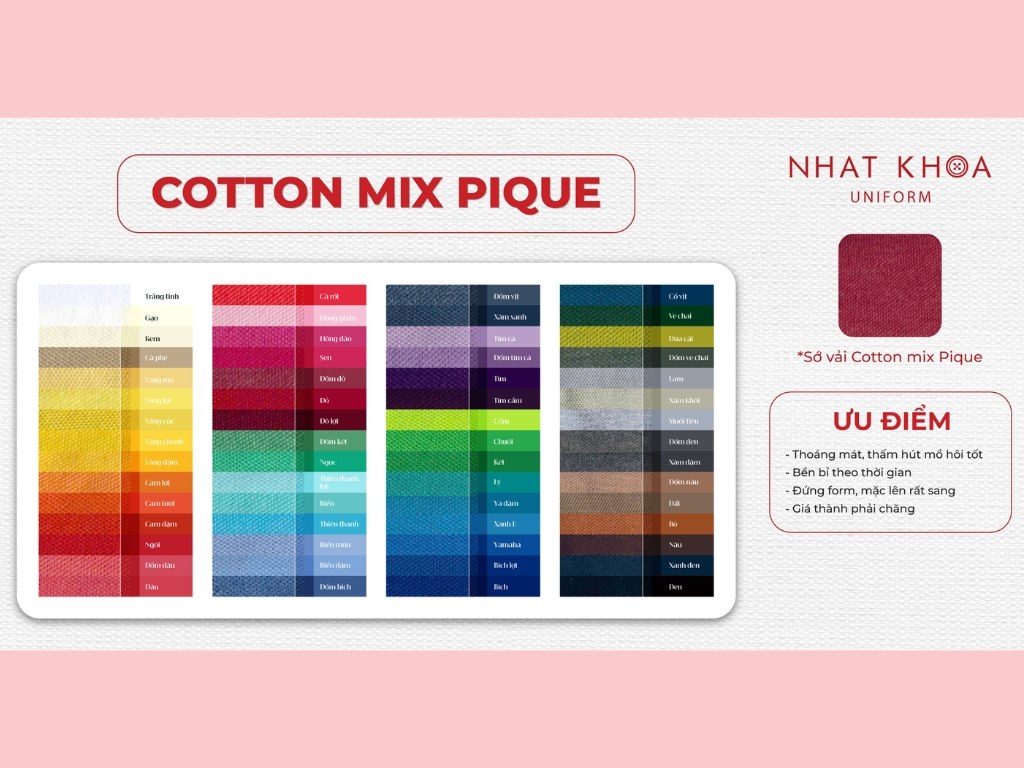 Bảng màu vải cotton mix pique tại Nhất Khoa Uniform