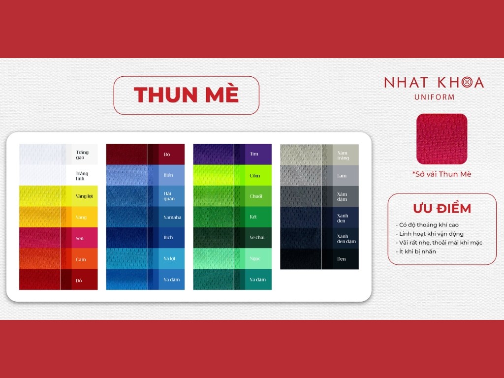 Bảng màu chất liệu thun mè đa dạng tại Nhất Khoa Uniform