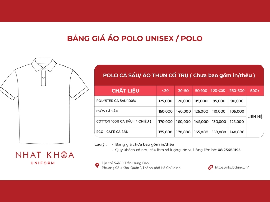 Bảng giá áo đồng phục cổ trụ chi tiết tại Nhất Khoa