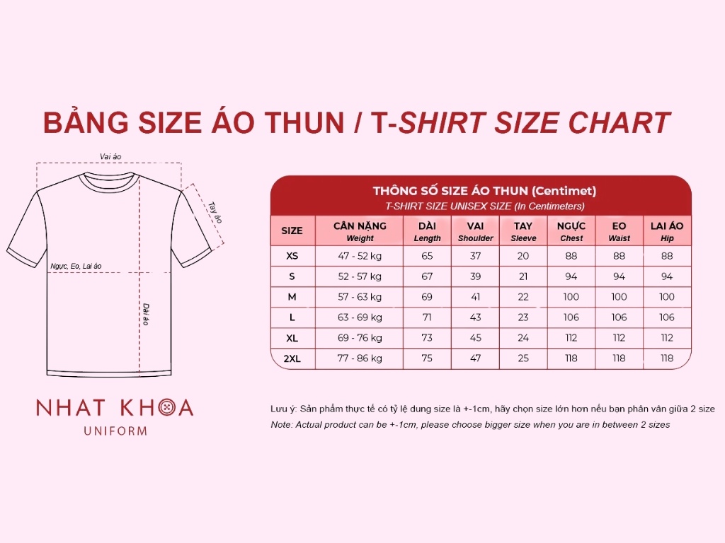 Bảng size áo thun cổ tròn chi tiết tại Nhất Khoa Uniform
