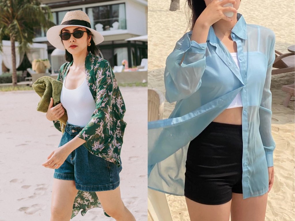 Khoác áo sơ mì bên ngoài áo hai dây tạo vẻ ngoài phóng khoáng và thu hút