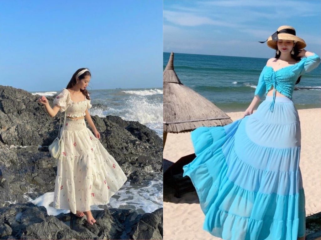 Set áo kết hợp với chân váy tạo nên vẻ ngoài nữ tính, thướt tha