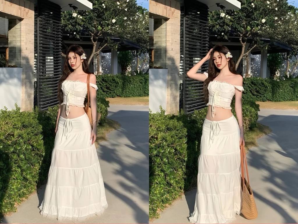 Áo croptop kết hợp với chân váy được phái đẹp ưa chuộng lựa chọn mặc đi biển