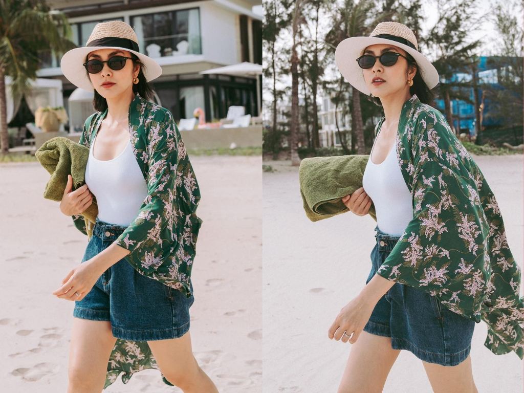 Bạn có thể kết hợp nón và kính râm để tăng thêm tính thẩm mỹ cho outfit đi biển