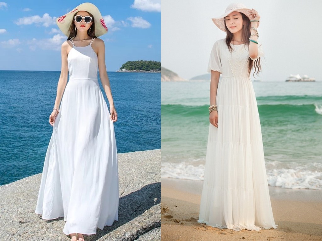 Váy maxi kết hợp với mũ cói rộng vành tạo nên set đồ đi biển cho nữ hoàn hào