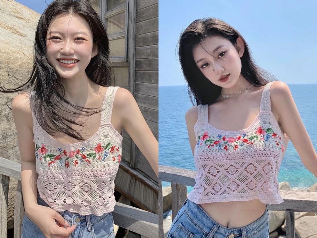 Áo croptop len họa tiết thổ cấm là style đi biển phóng khoáng tự do