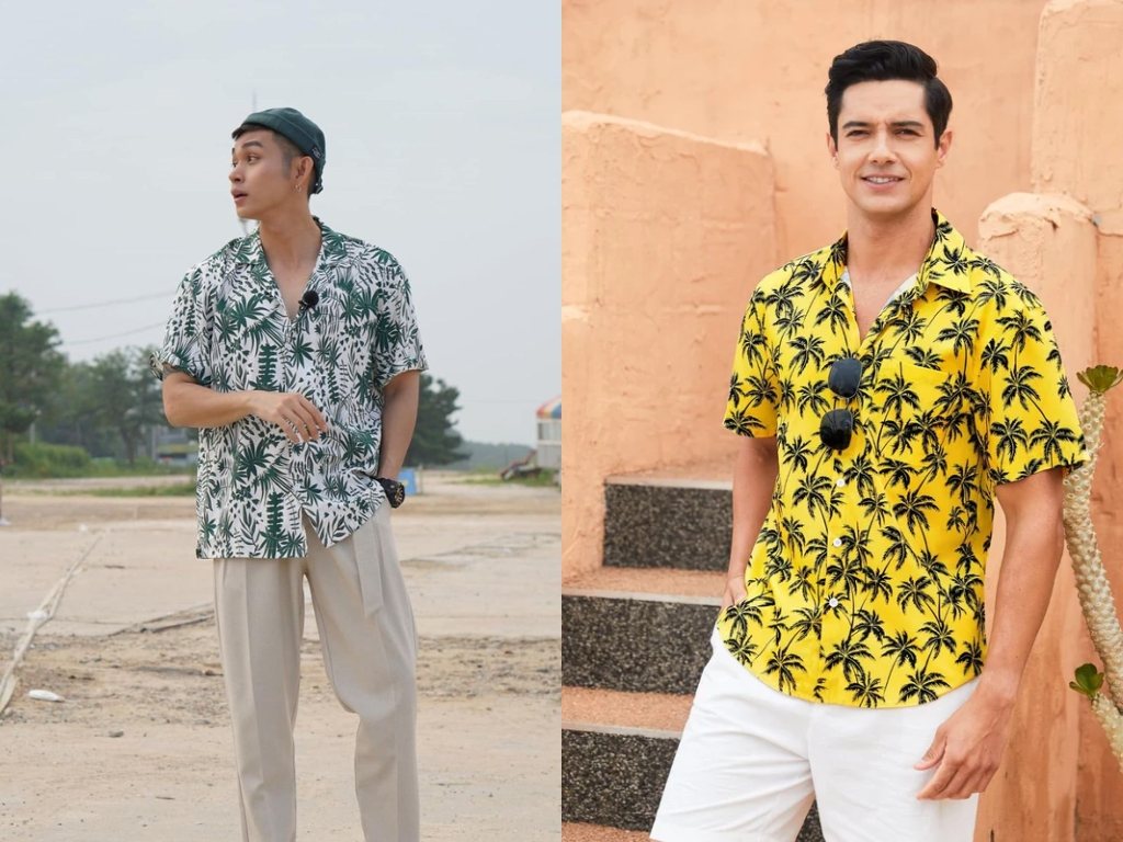 Áo sơ mi họa tiết nhiệt đới sẽ rất nổi bật khi phối đồ đi biển nam với quần màu be